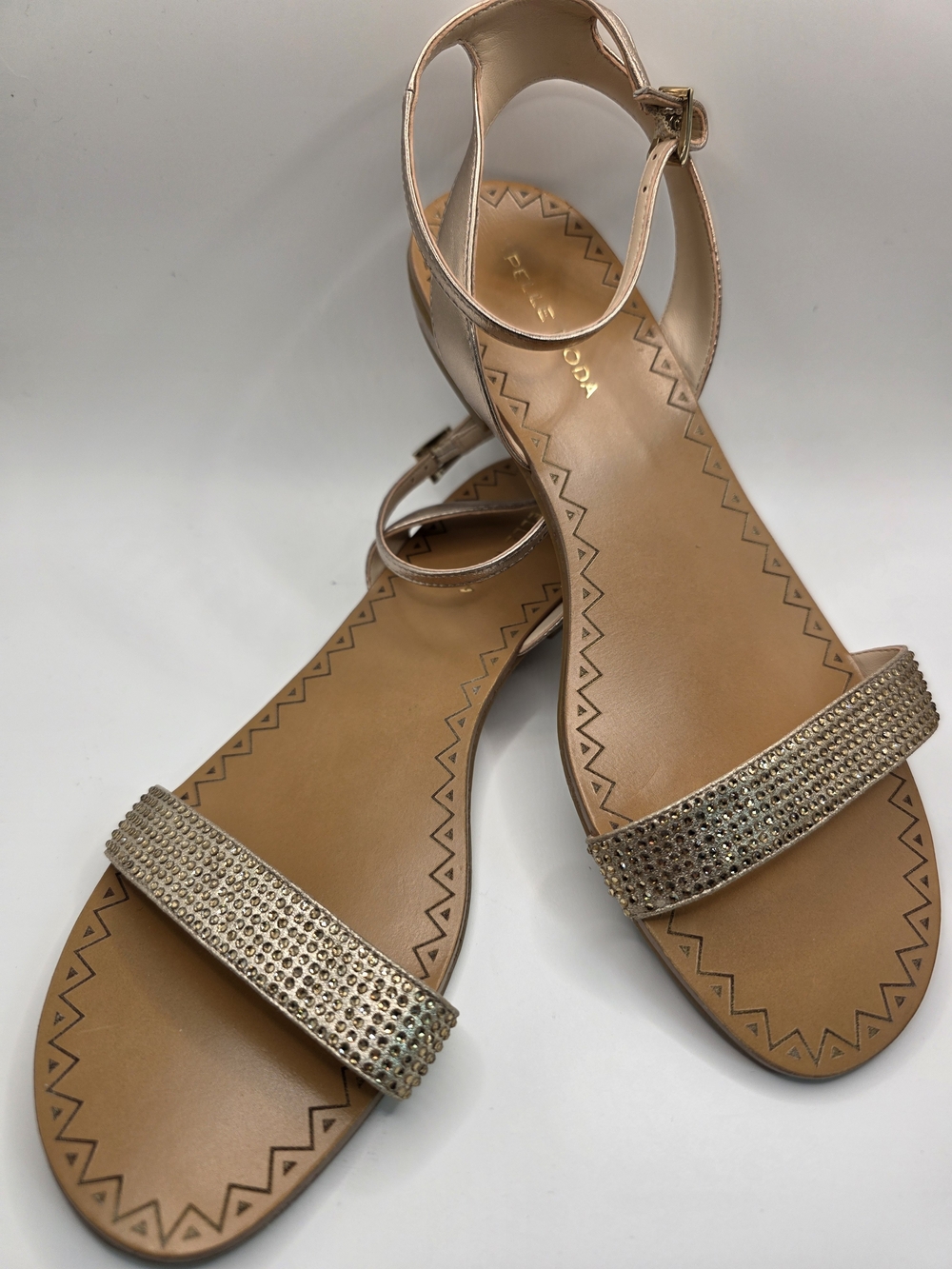 Pelle Moda Rose Gold Rhinestone Ankle Strap Sandals Size 8 Leather Mermaidcore